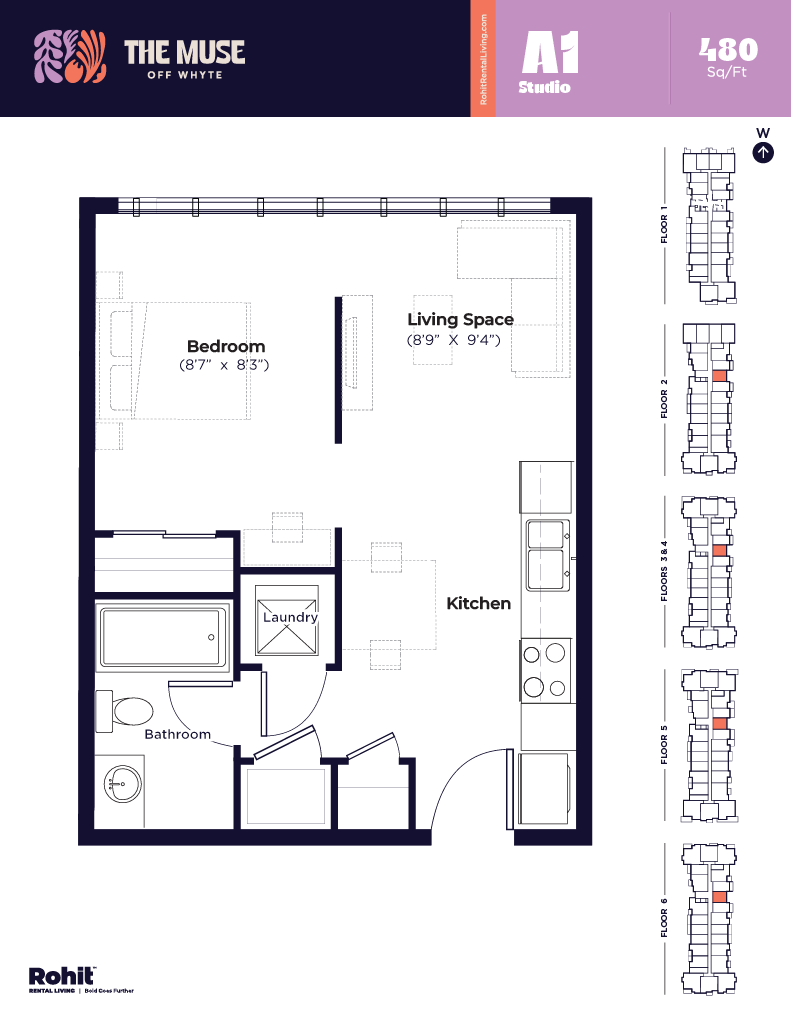Floor plan for 1 bed, 1 bath, 480 sqft